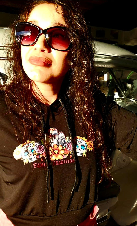 "Family Traditions" Ladies Dry Fit Crop Hoodie